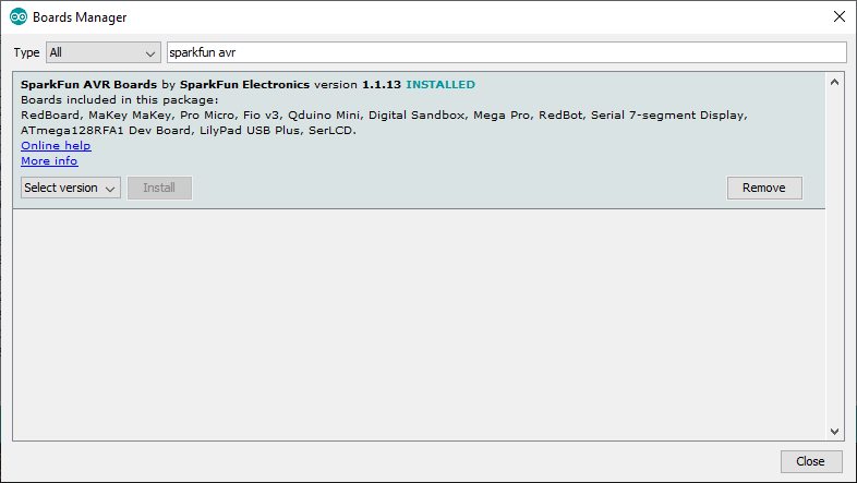 This is the Arduino Board Manager with SparkFun AVR Boards package installed.