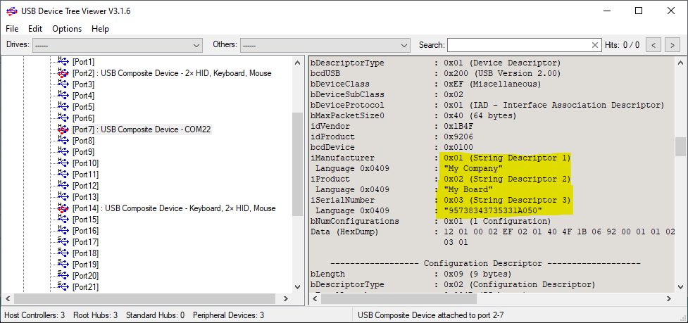 USB Device Tree Viewer showing three string descriptor of interest.